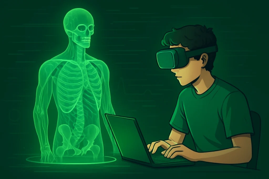 A student wearing a VR headset, interacting with a 3D anatomical model of a human heart, floating in a virtual space.